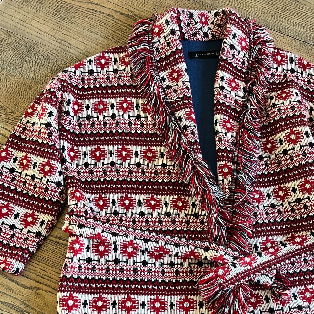 Zara Red and Black Patterned Fringe Sweater Coat